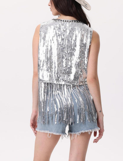 Maeau Damen Pailletten Tassel Fransenweste Glitzer Y2k