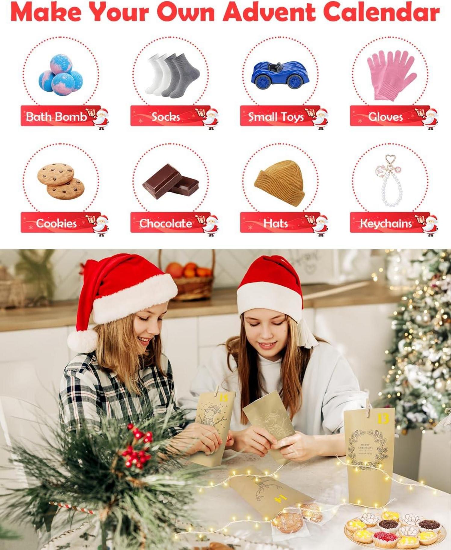 Adventskalender Tüten mit LED Lichterkette zum Befüllen, Wintermotiv