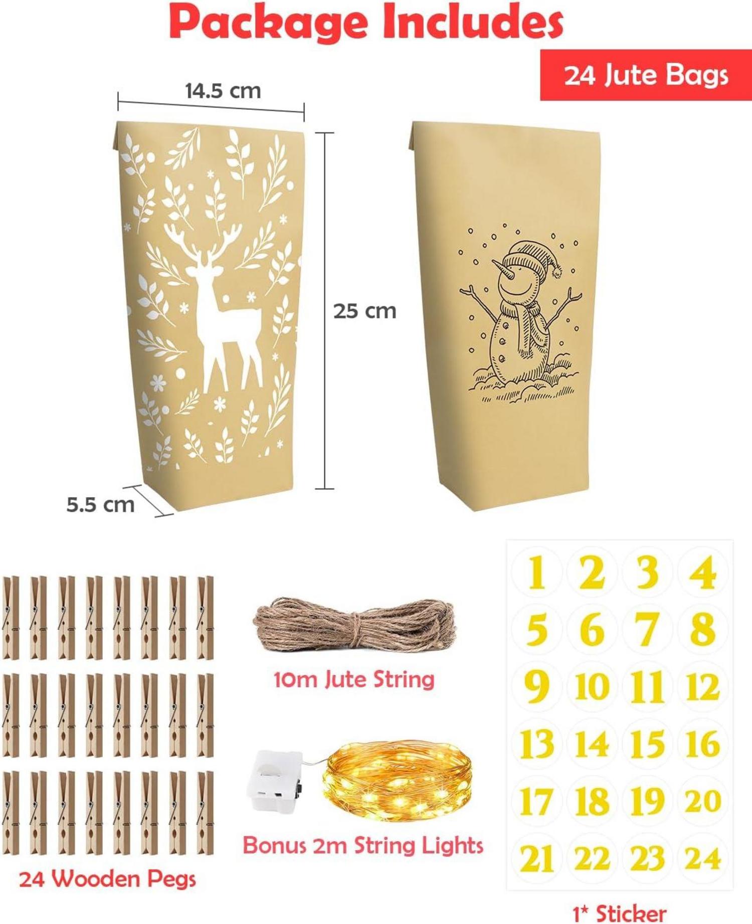 Adventskalender Papiertüten mit LED-Lichterkette zum Befüllen