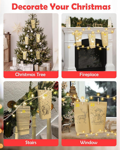 Adventskalender Tüten mit LED Lichterkette zum Befüllen, Wintermotiv