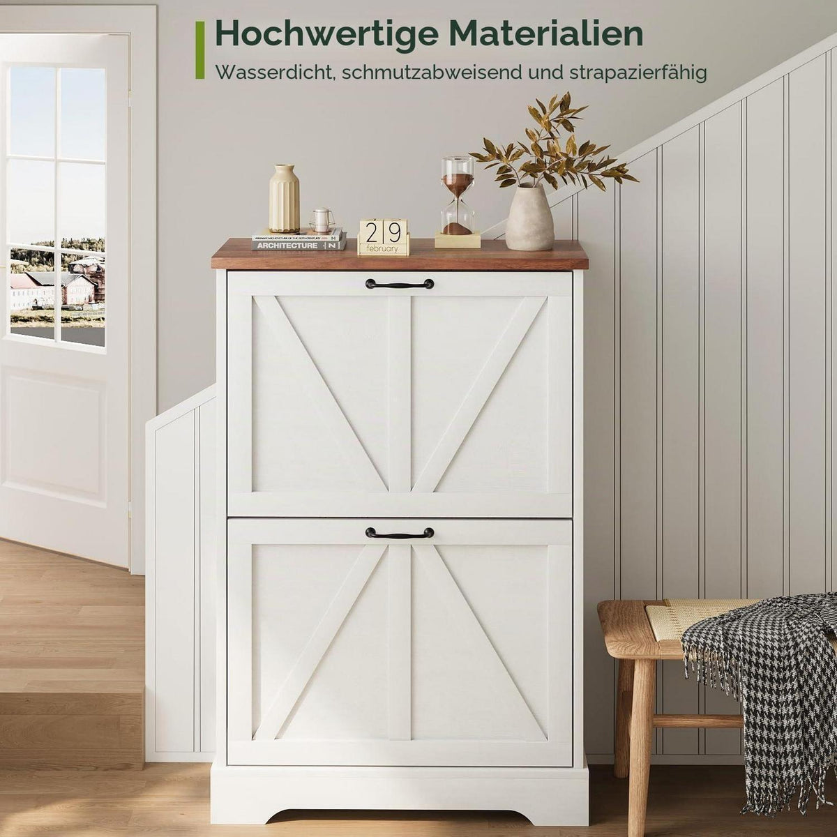 Schmaler Schuhschrank mit Klappschubladen – Weißer Bauernhaus-Stil