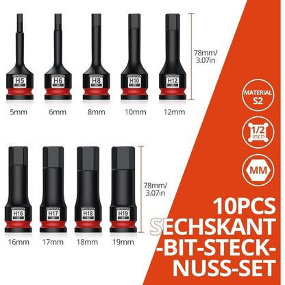 10tlg. Innensechskant Schlagschrauber Nüsse Set 1/2" HX 5-19mm S2 Stahl