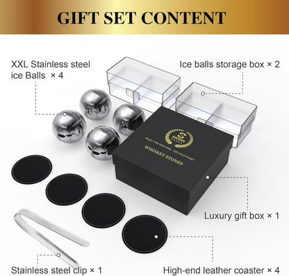 Edelstahl Whisky Steine Set 4 Kugel + Untersetzer - Geschenk