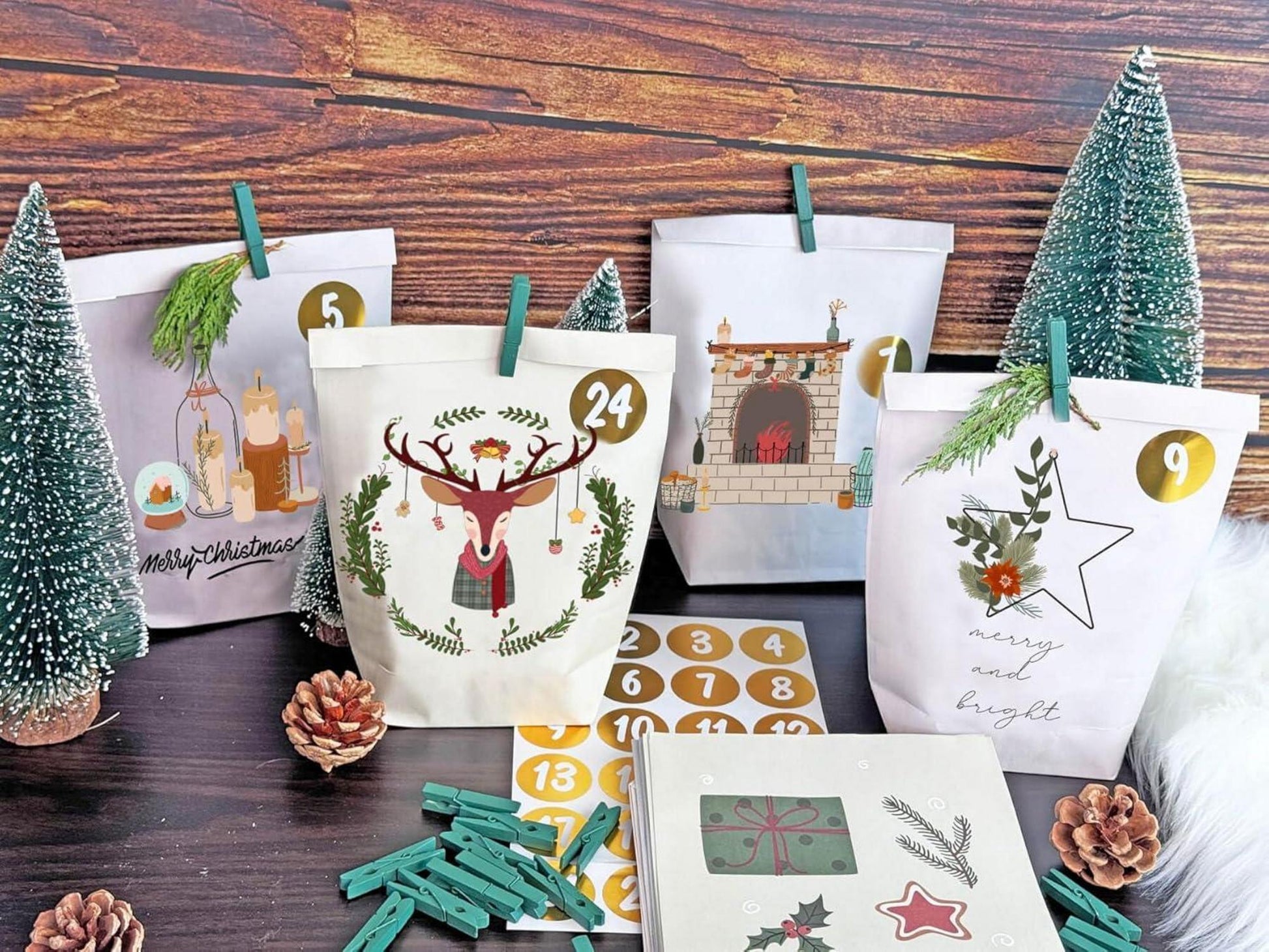 Adventskalender Papiertüten Weihnachtsmotiven 24er Set