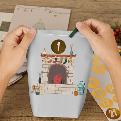 Adventskalender Papiertüten Weihnachtsmotiven Zahlenaufkleber Hygge