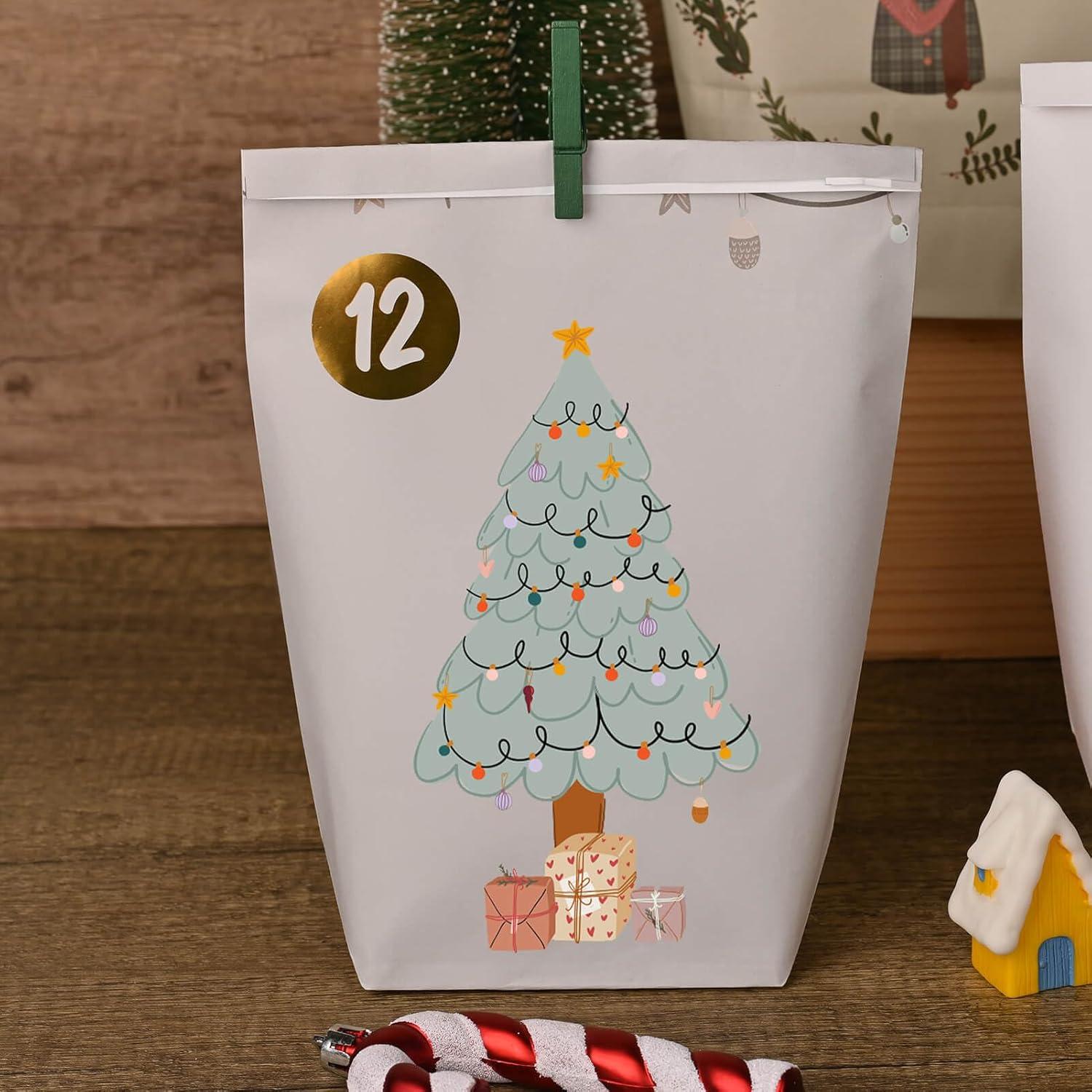 Adventskalender 24 Weihnachts Papiertüten mit Zahlenaufkleber und Klammern
