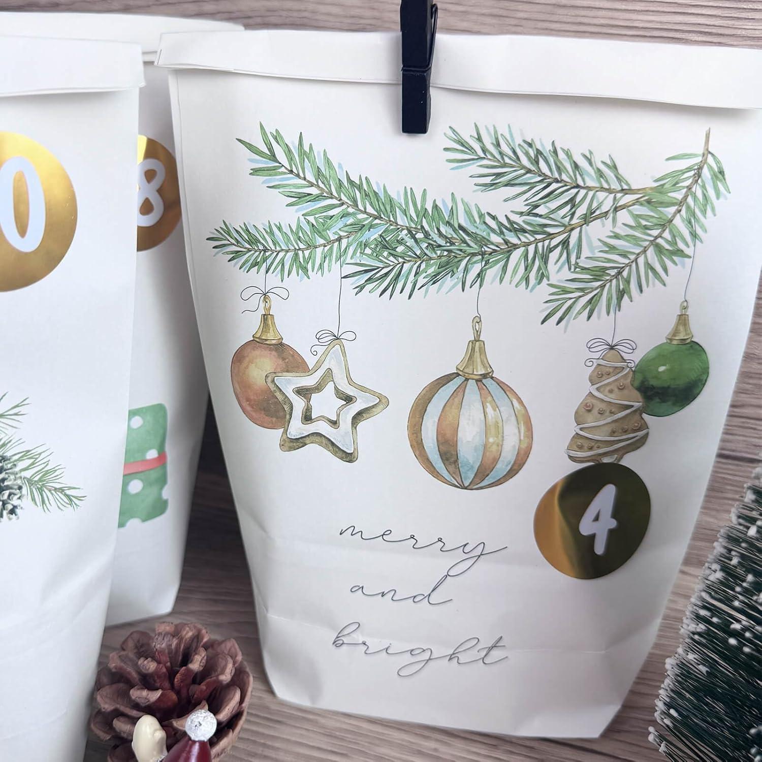 Adventskalender Kraftpapiertüten Aquarellmotive 24er Set DIY Festlich
