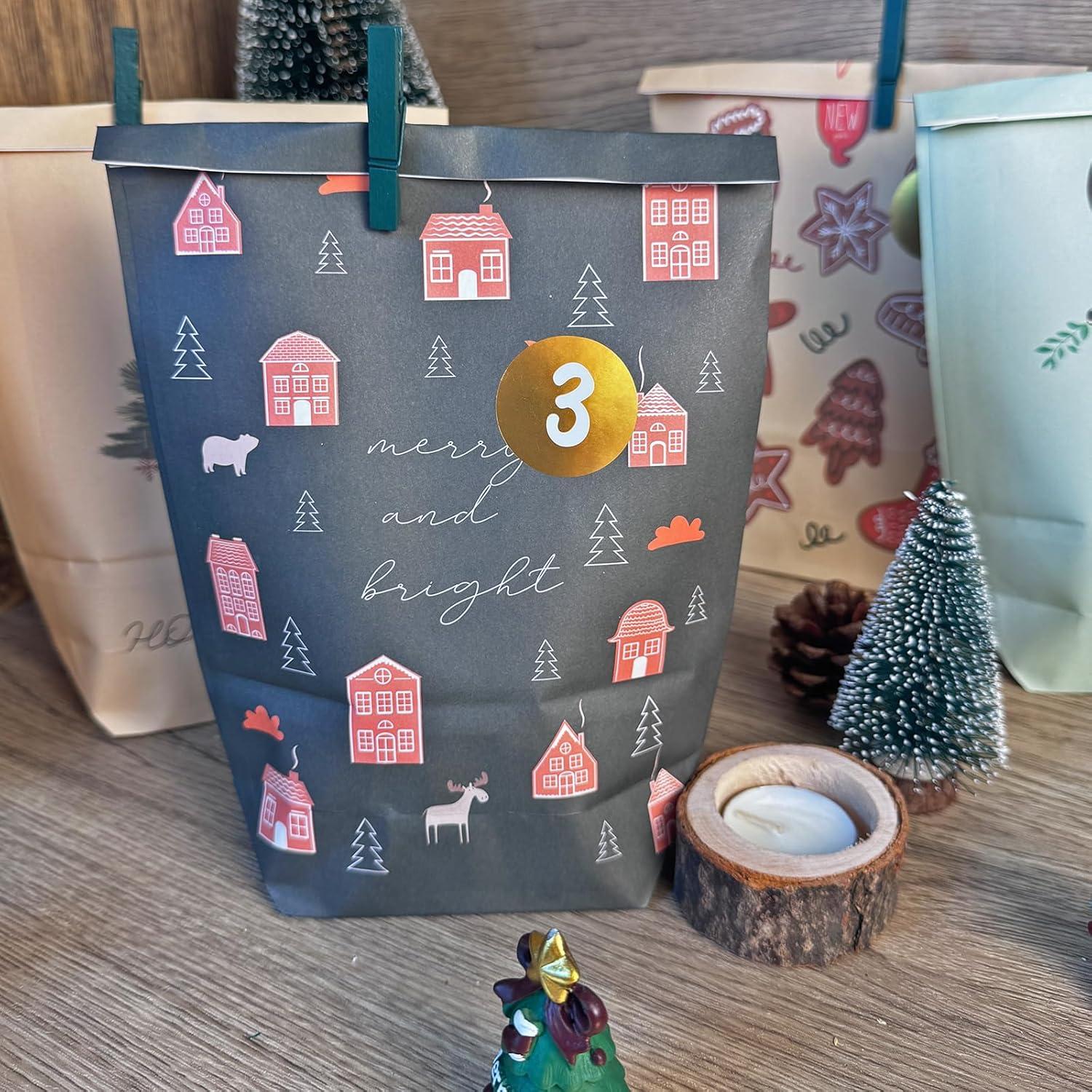 Adventskalender zum Befüllen 24 Weihnachtskalender Papiertüten DIY Geschenktüten Selbstbefüllen Kinder Erwachsene Blau Gelb