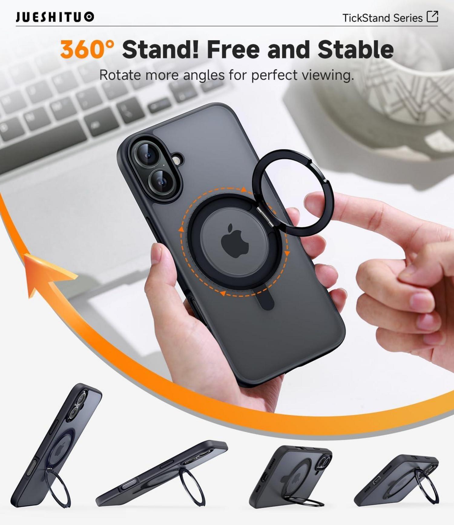 360° Magic Stand iPhone 16 Hülle Militärschutz MagSafe Schwarz