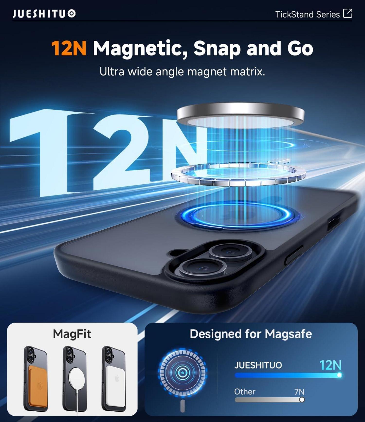 JUESHITUO 360° Magic Stand iPhone 16 Hülle Militärschutz Schwarz