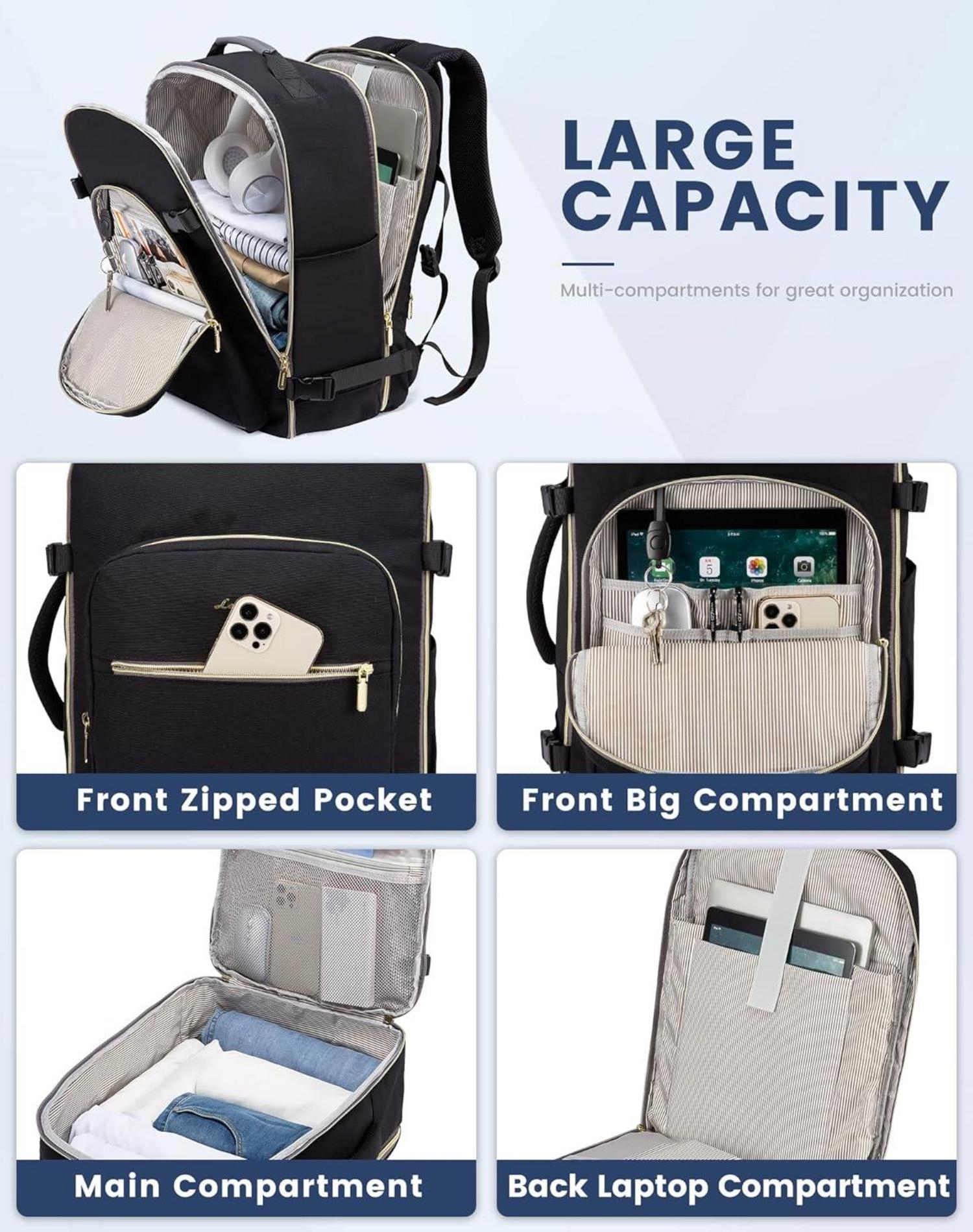 Handgepäck Rucksack 40L Reiserucksack Damen Kofferrucksack 17 Zoll Laptop Schwarz+grau