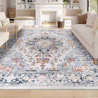 Vintage Boho Teppich 200x300cm - Waschbarer Wohnzimmerteppich Blau