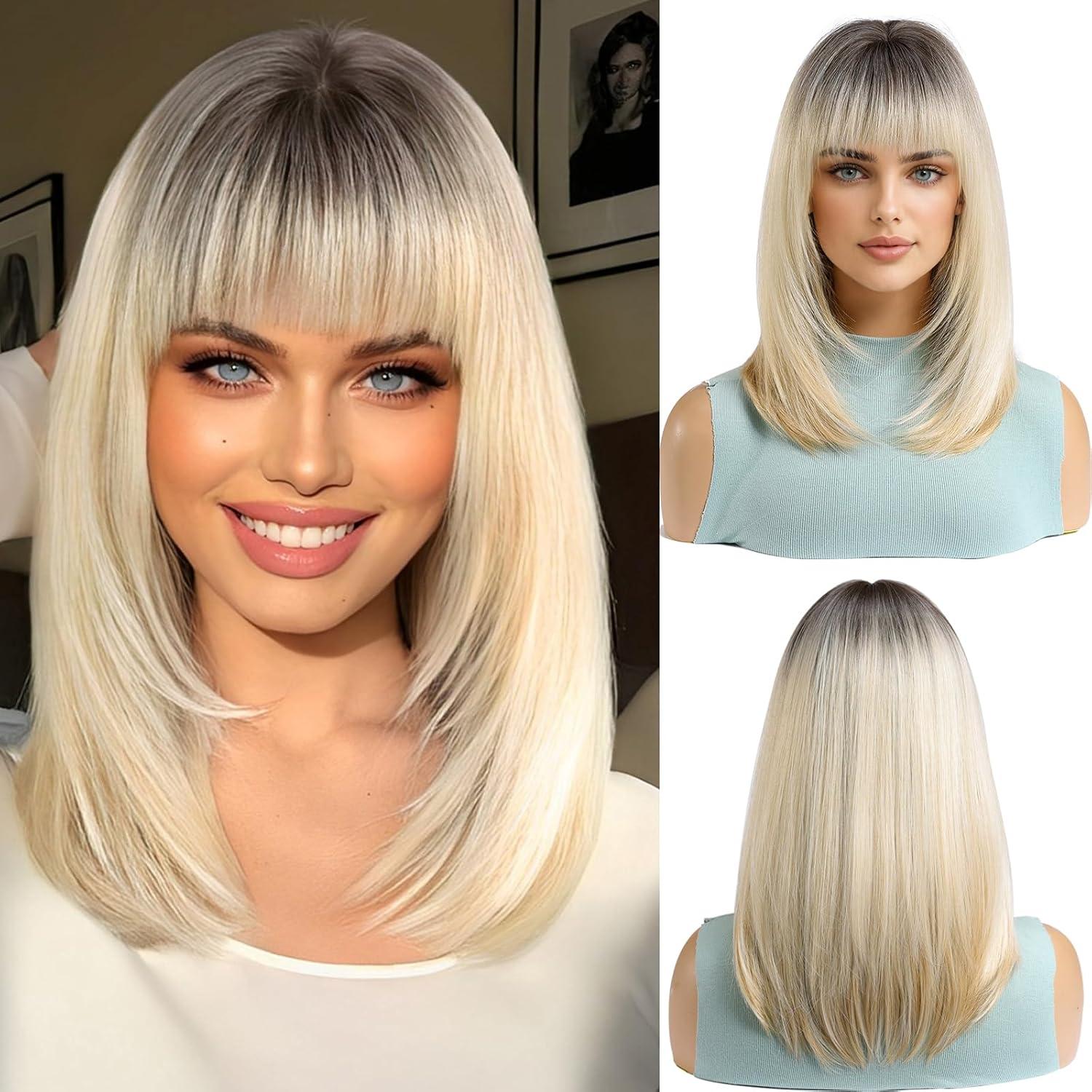 Ombre Blonde Bob Perücke mit Pony Synthetisches Haar für Cosplay