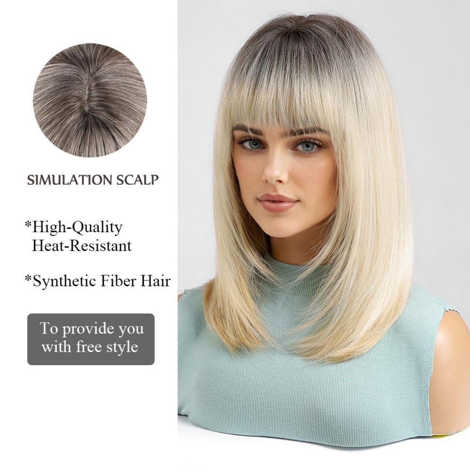 Ombre Blonde Bob Perücke mit Pony Synthetisches Haar für Cosplay