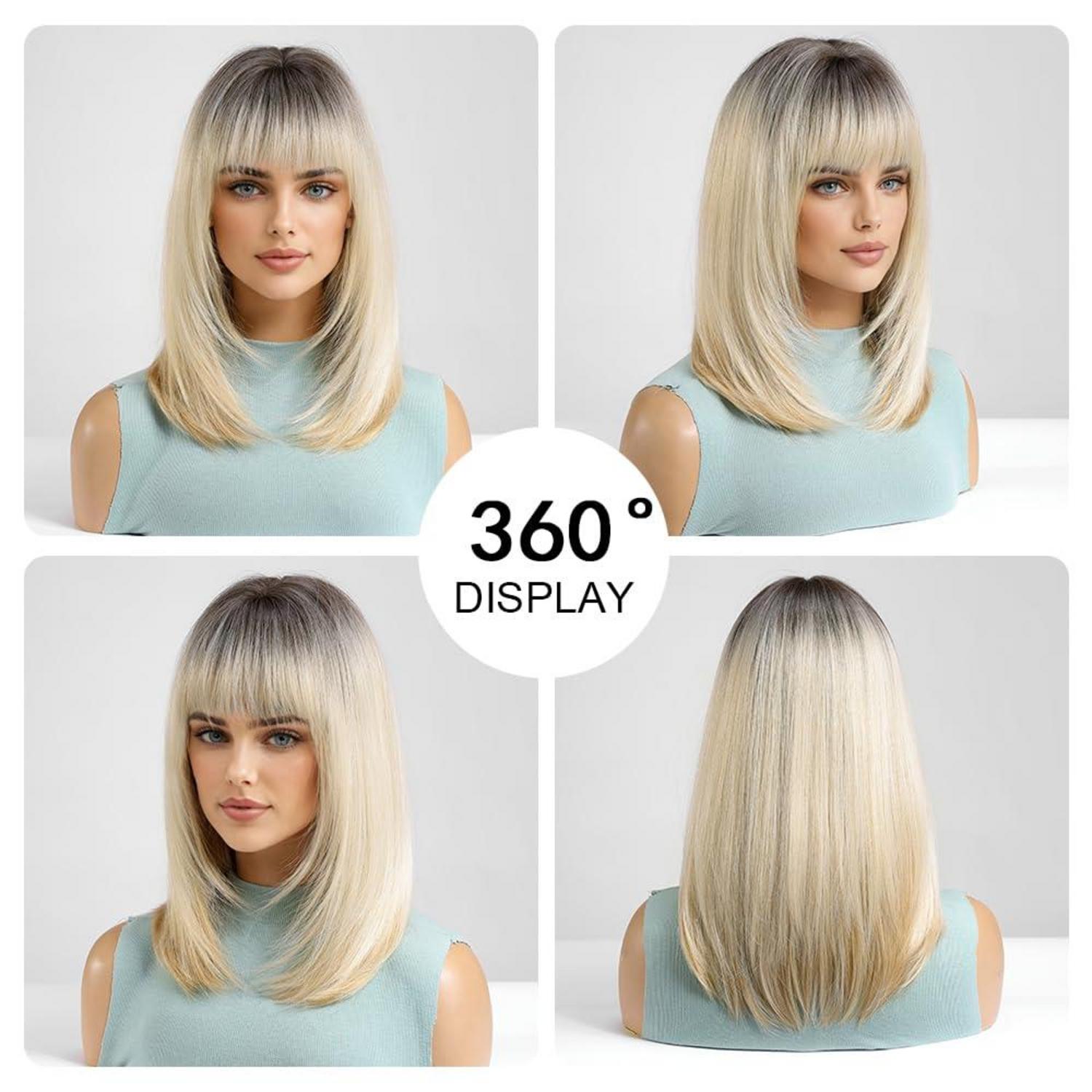 Ombre Blonde Bob Perücke mit Pony Synthetische Kurze Gerade Perücke Cosplay