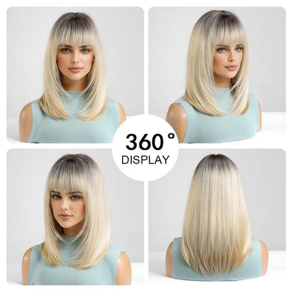 Ombre Blonde Bob Perücke mit Pony Synthetische Kurze Gerade Perücke Cosplay