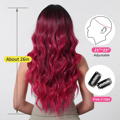 OUFEI Schwarz Ombre Rot Lange Gewellte Synthetische Perücke mit Pony Hitzebeständig für Cosplay Party