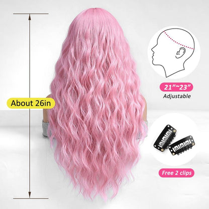 Lange Rosa Gewellte Synthetische Perücke mit Pony für Frauen Hitzebeständig - Rosa Perücke
