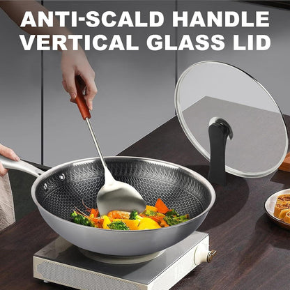 32cm Edelstahl Wok mit Deckel, Antihaftbeschichtung, Flacher Boden - RIOVARM