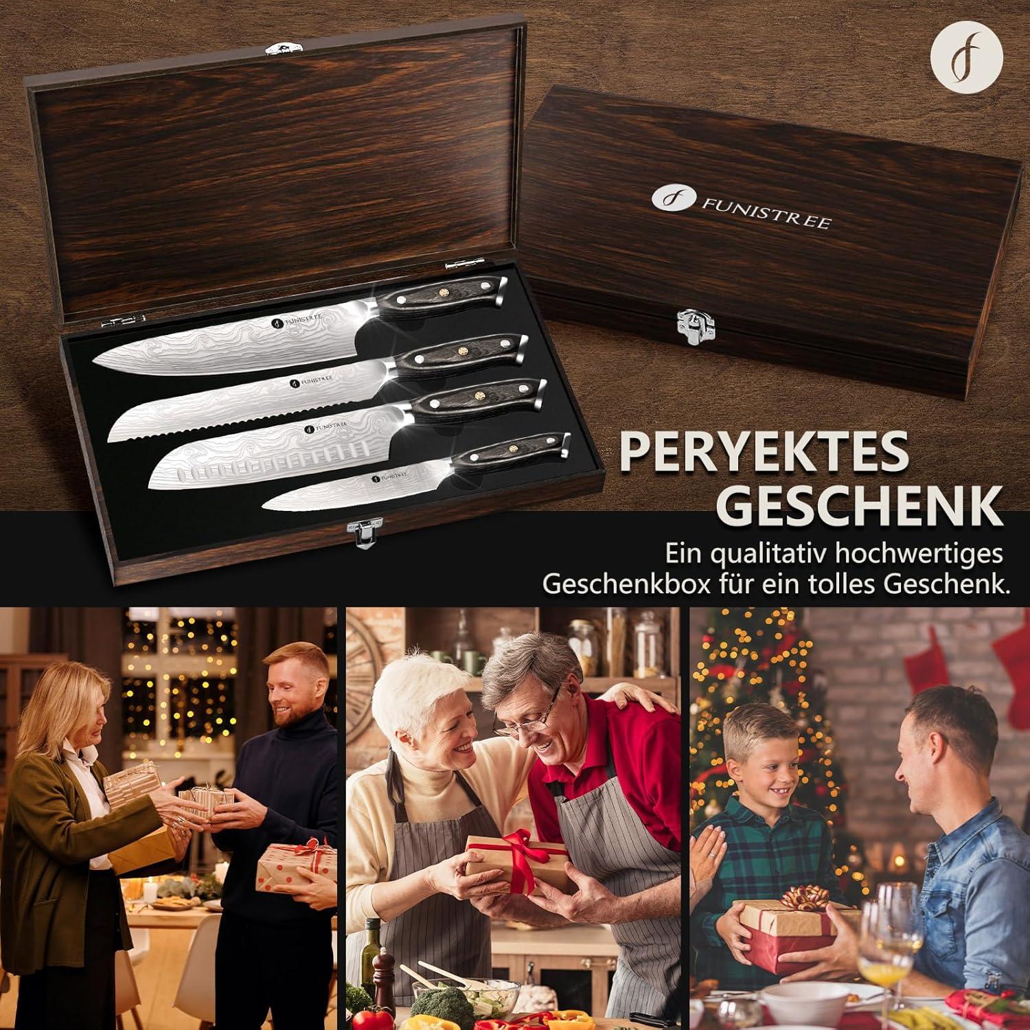 Küchenmesserset 4 tlg, Holz Geschenkbox, Edelstahl, Extra Scharf