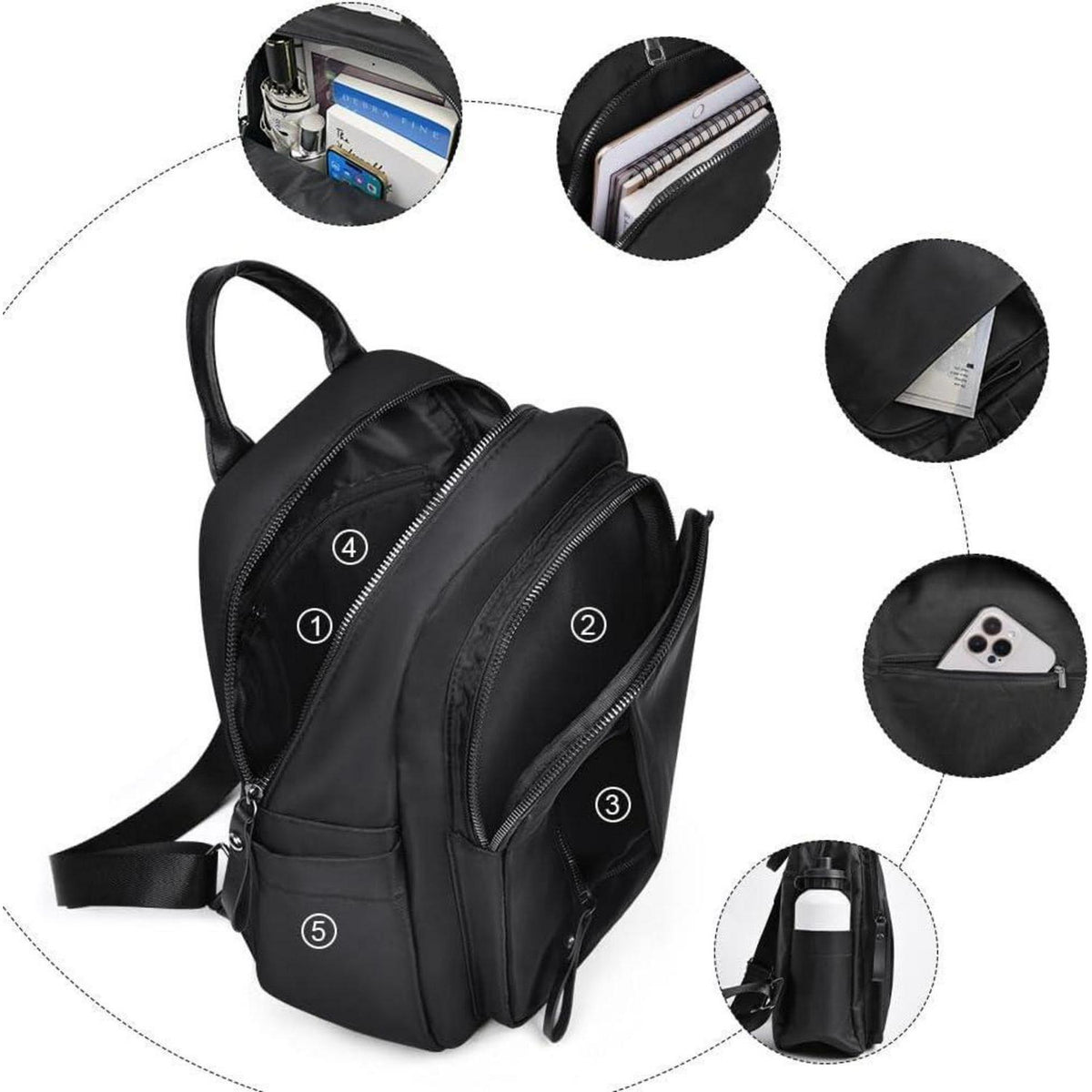Damen Rucksack Klein Wasserdicht Nylon Reise Daypack Schwarz