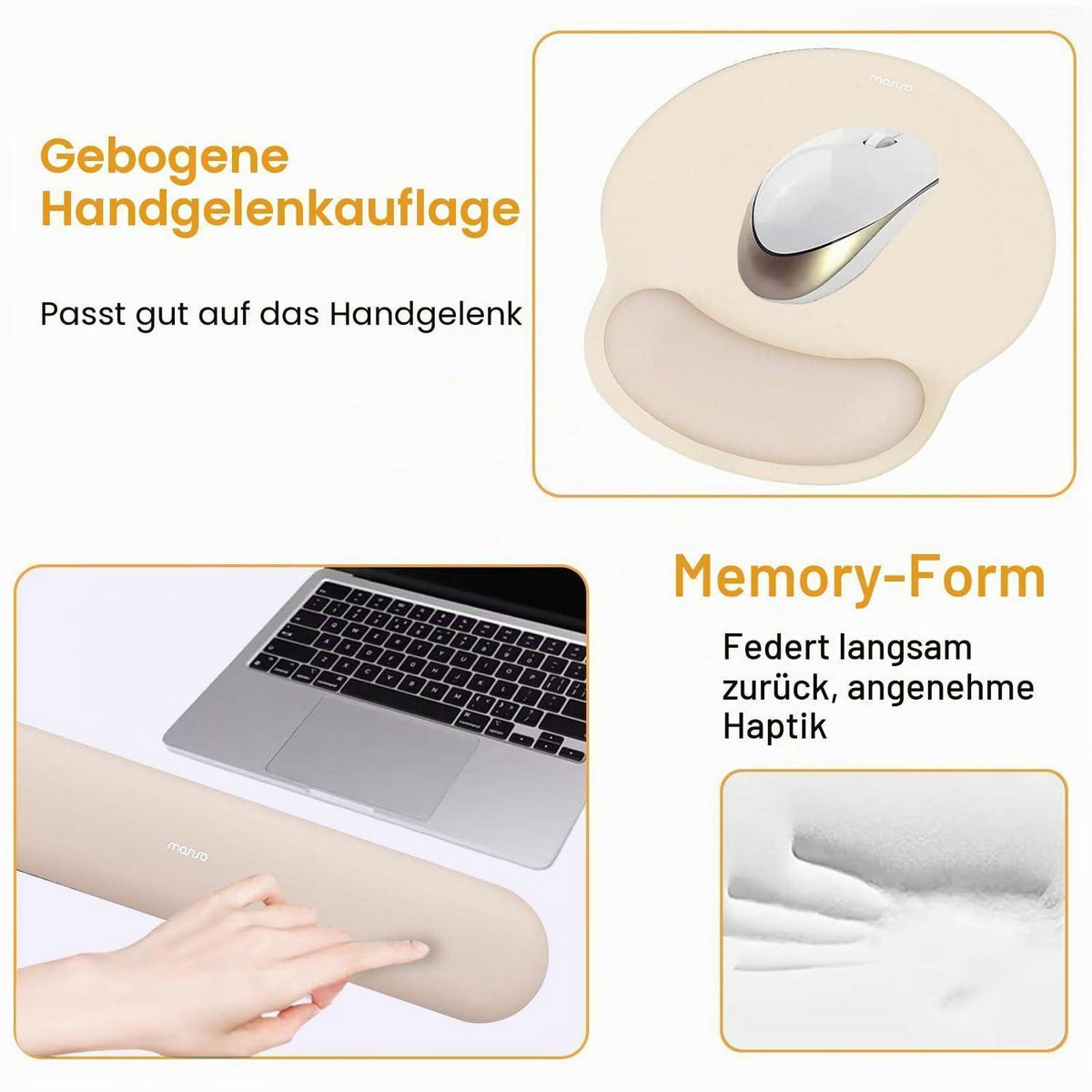 Handballenauflage Mauspad & Tastatur Set Aprikose Memory Foam