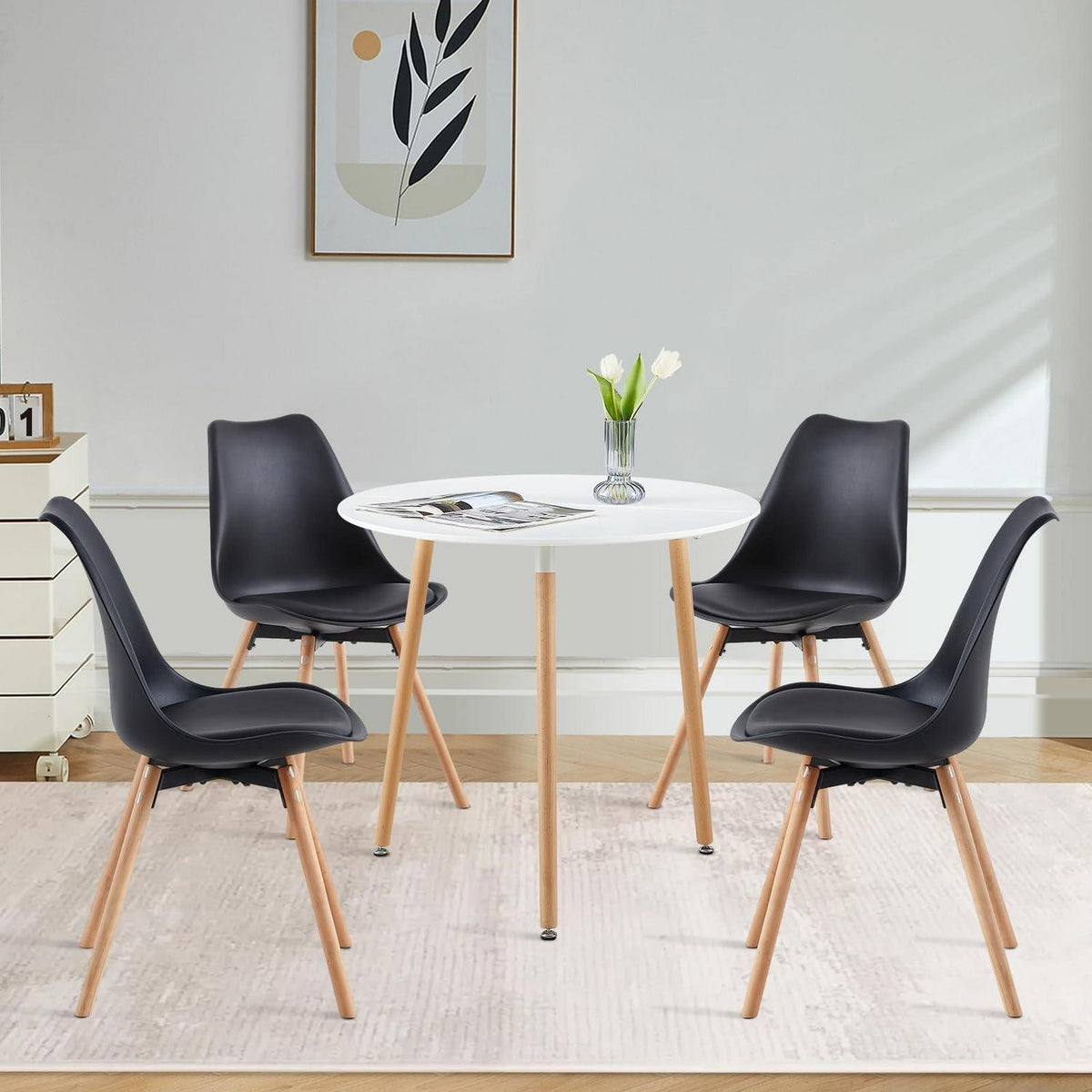 Esszimmergruppe weißer Tisch + 4 schwarze Stühle, modern