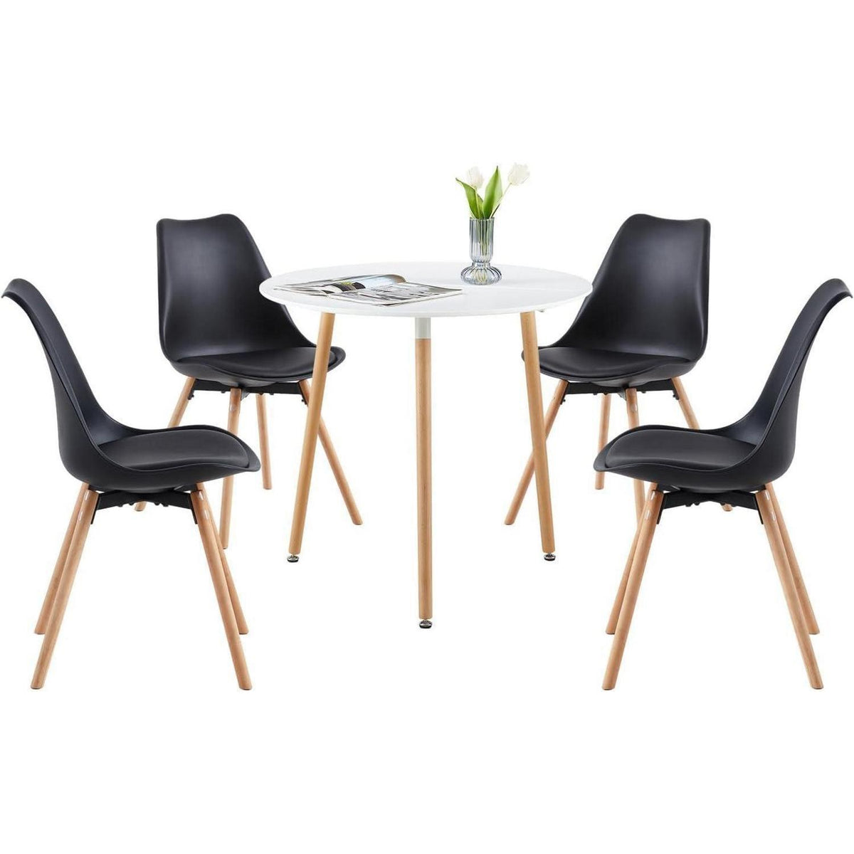 Esszimmergruppe weißer Tisch + 4 schwarze Stühle, modern