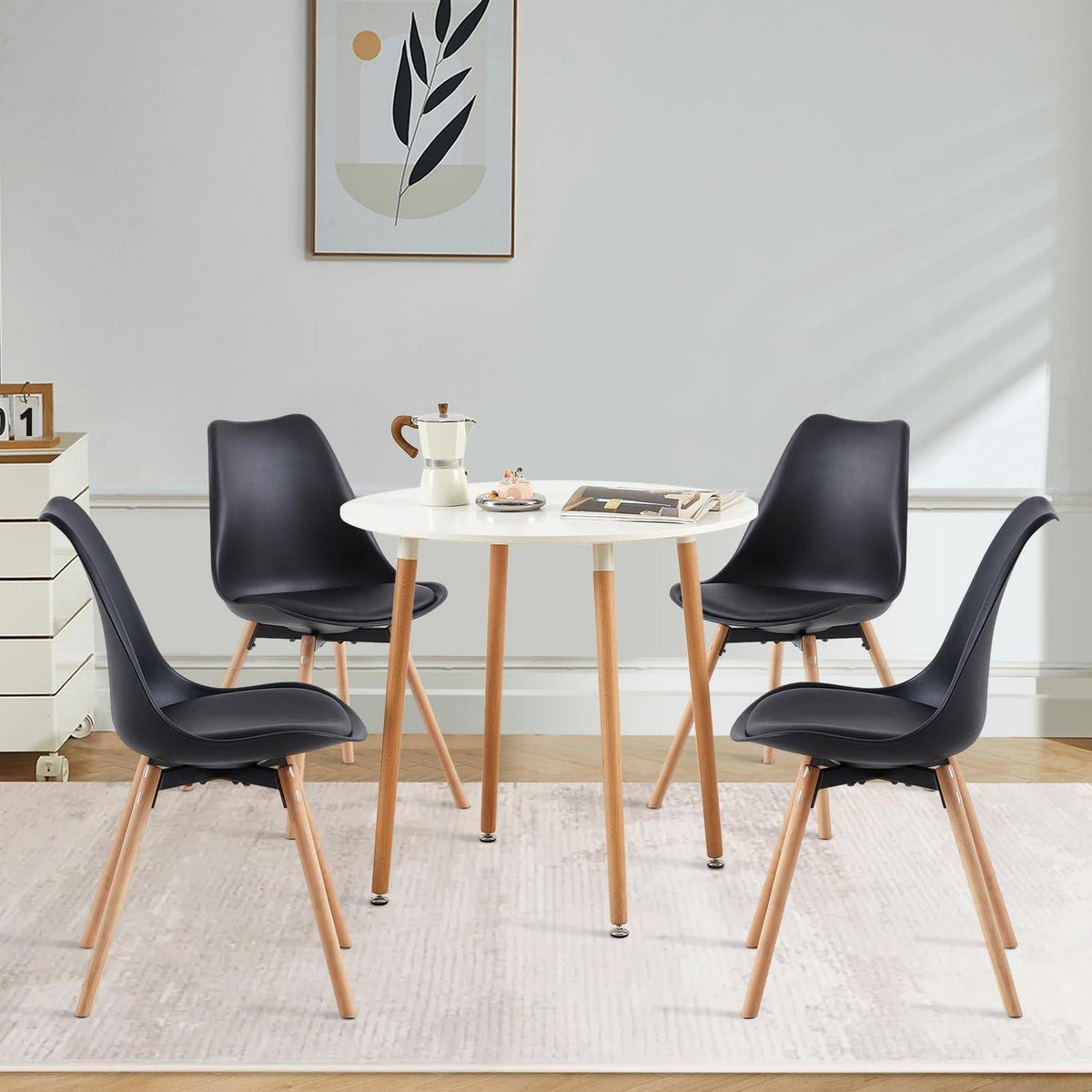 Runder Esstisch Set mit 4 Stühlen – Weiß/Schwarz Modern