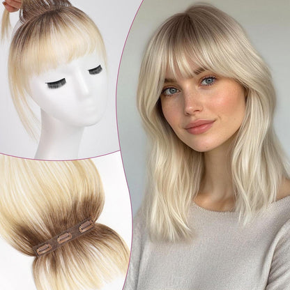 Echthaar Pony Clip-In, Ombré Hellblond, 11cm natürliche Ponyfransen