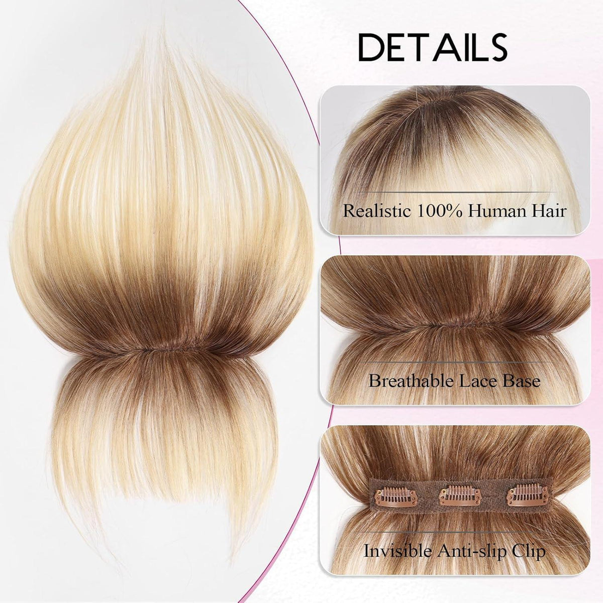 Echthaar Pony Clip-In, Ombré Hellblond, 11cm natürliche Ponyfransen