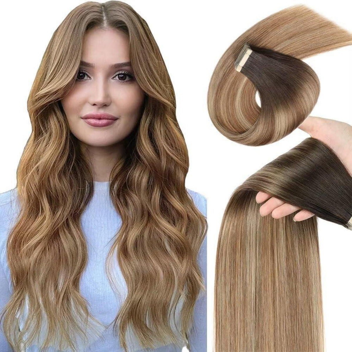 Echthaar Tape Extensions Goldbraun Balayage 40cm (16 Zoll)