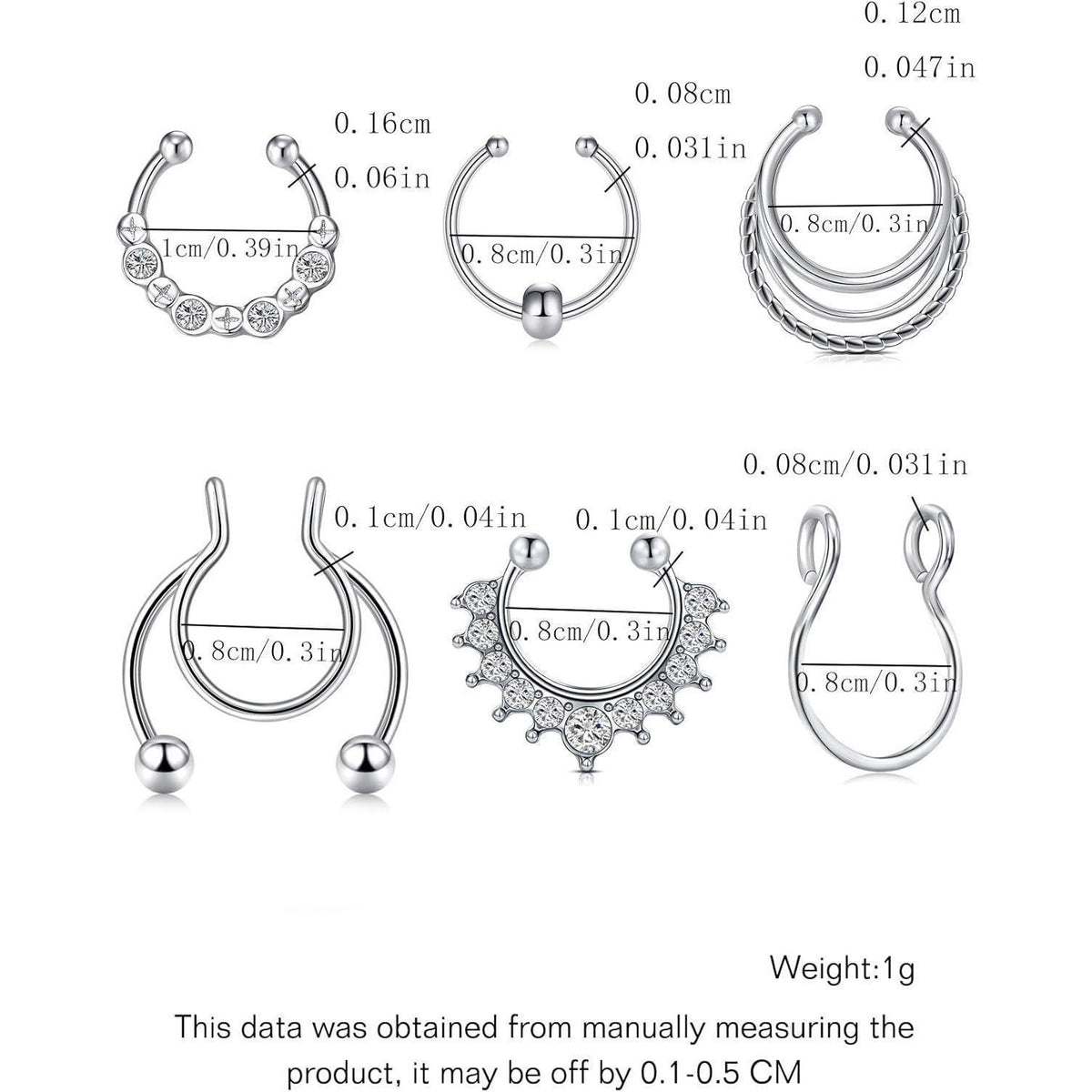 MODRSA Fake Nasenring 6tlg. Edelstahl Silber 8/10mm