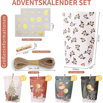 Adventskalender zum Befüllen mit 28 Kraftpapiertüten - DIY