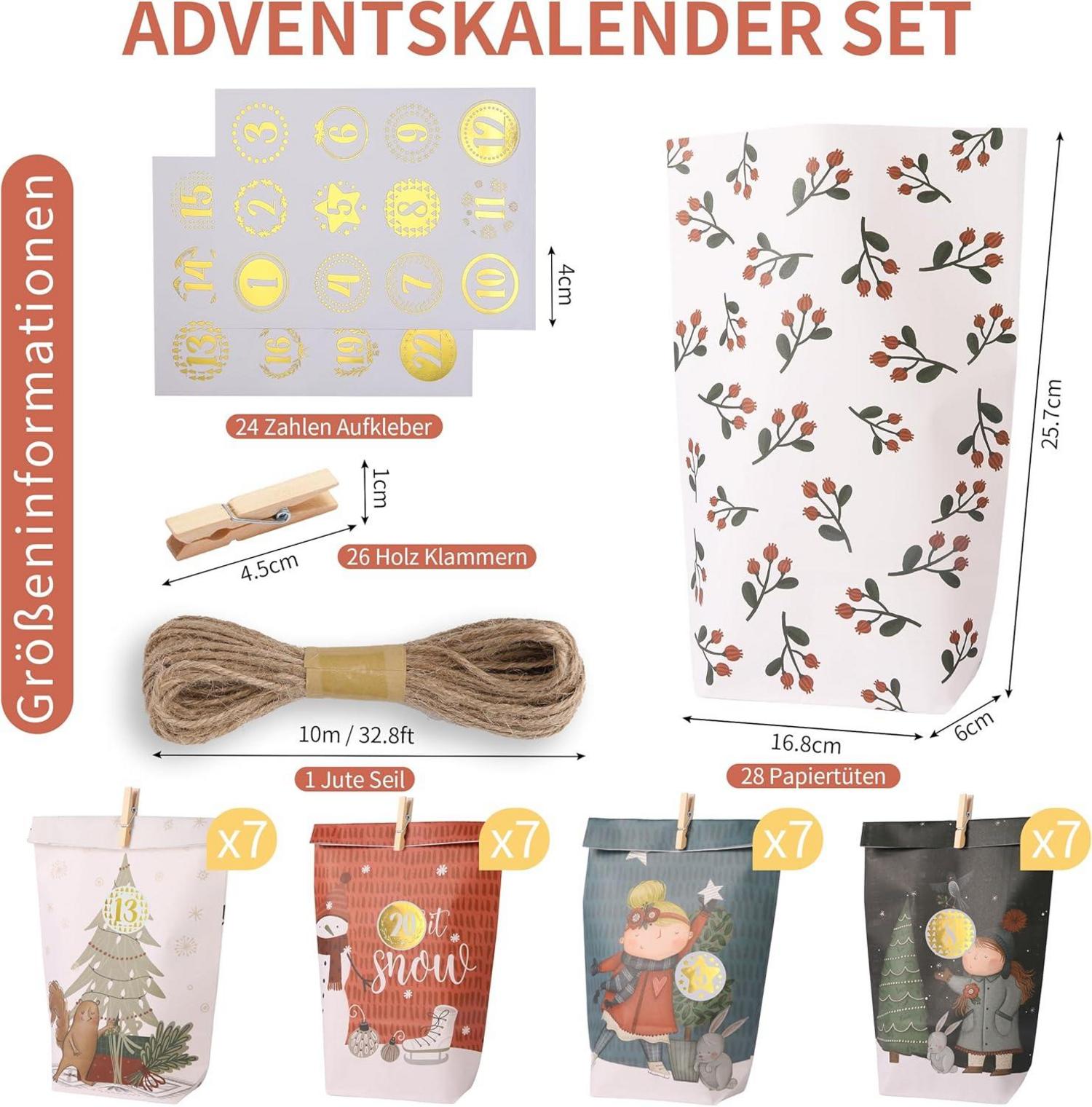 Adventskalender zum Befüllen mit 28 Kraftpapiertüten - DIY