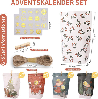 Adventskalender zum Befüllen mit 28 Kraftpapiertüten - DIY