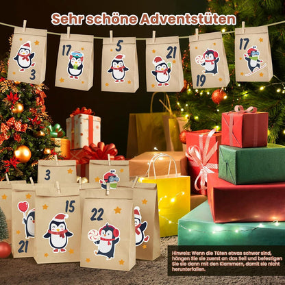Adventskalender Pinguine große DIY Tüten Zahlen Aufkleber