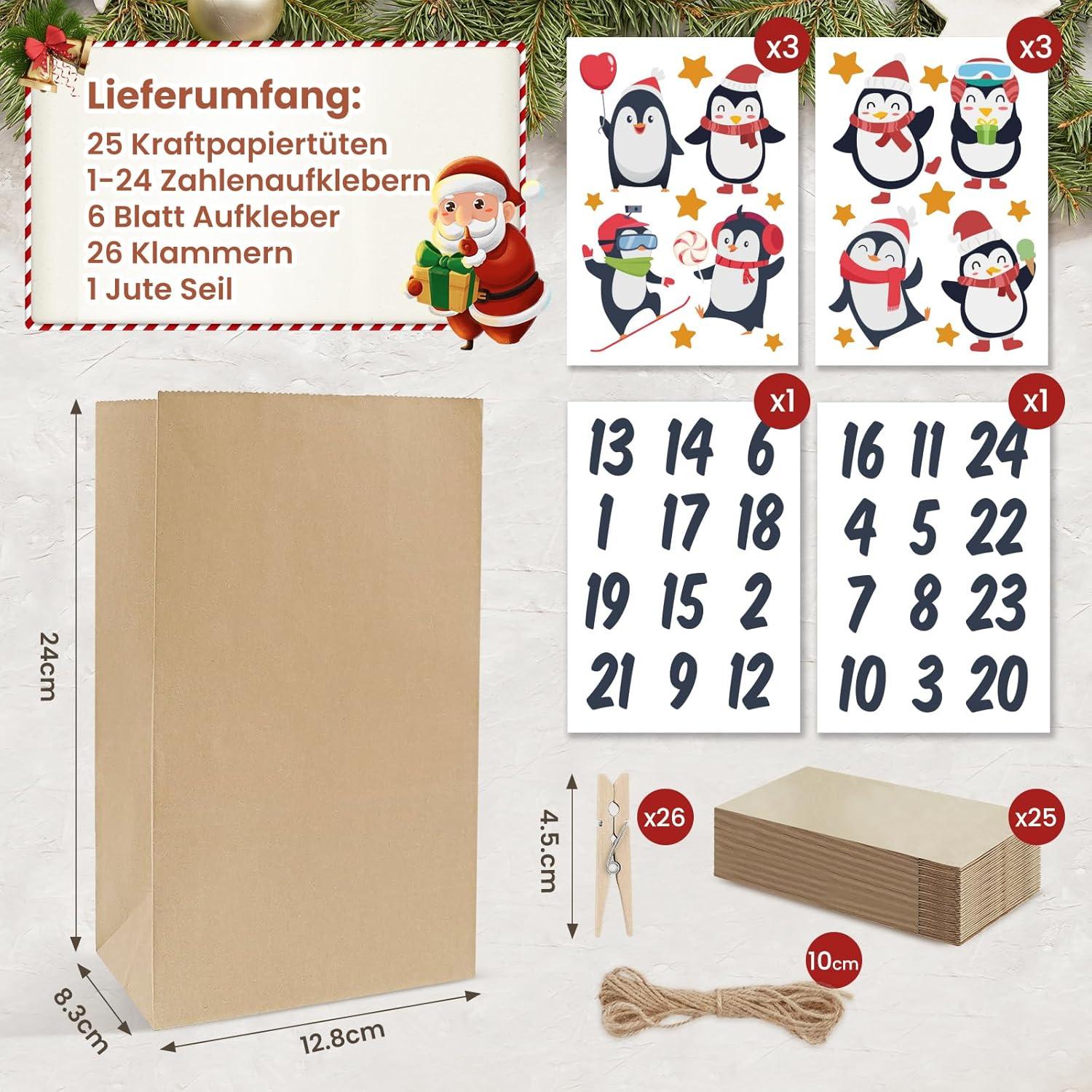 Adventskalender Pinguine große DIY Tüten Zahlen Aufkleber