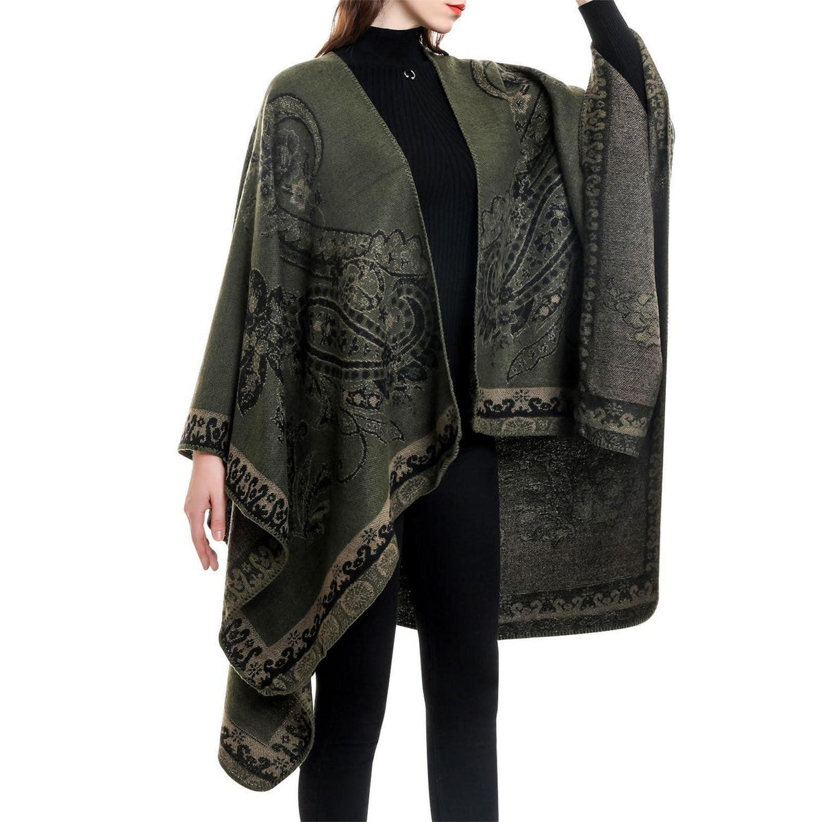 Damen Poncho Cape Grün Einheitsgröße Kuschelig Warm
