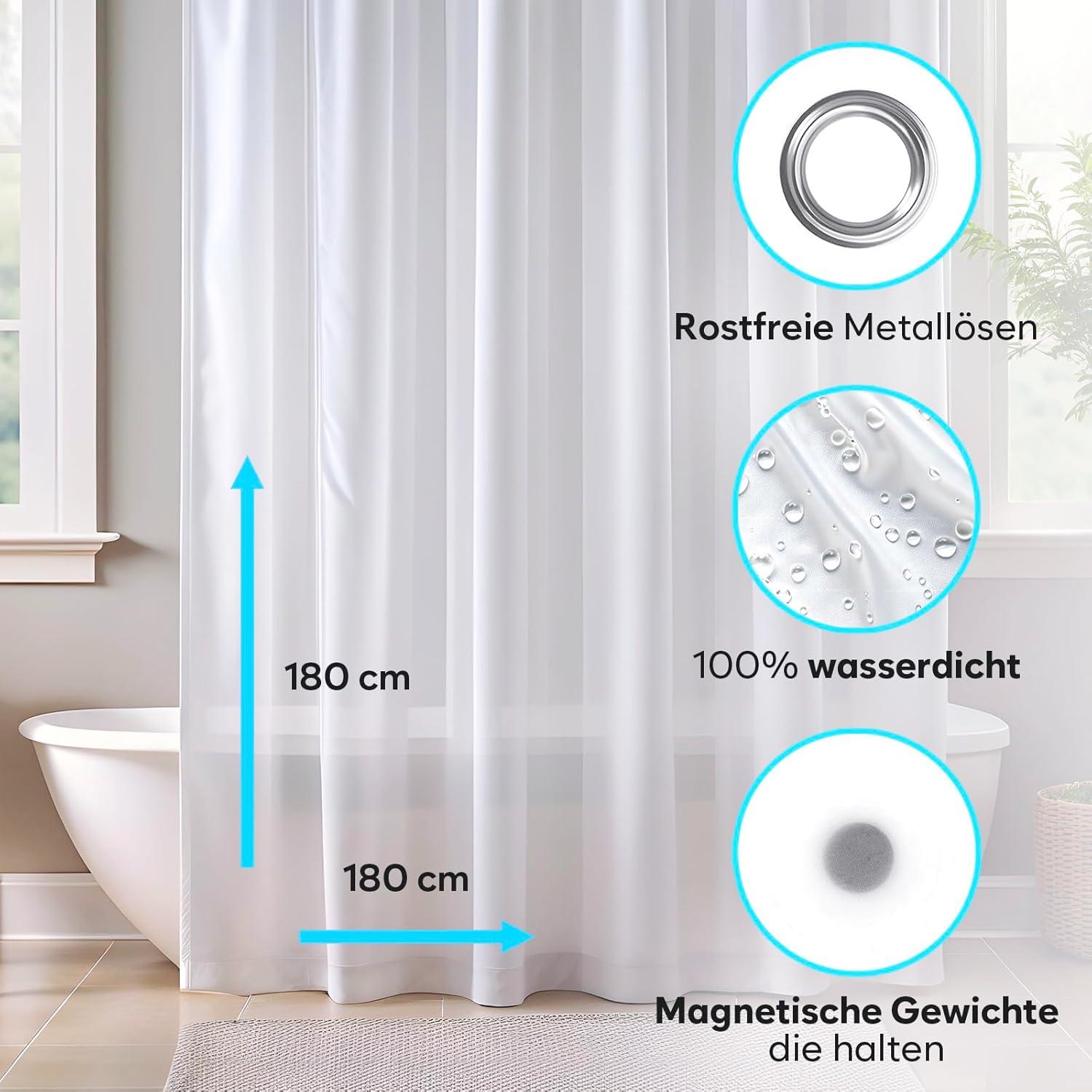 ZENO Duschvorhang 180x180 cm Transparent PEVA Rostfrei Wasserdicht