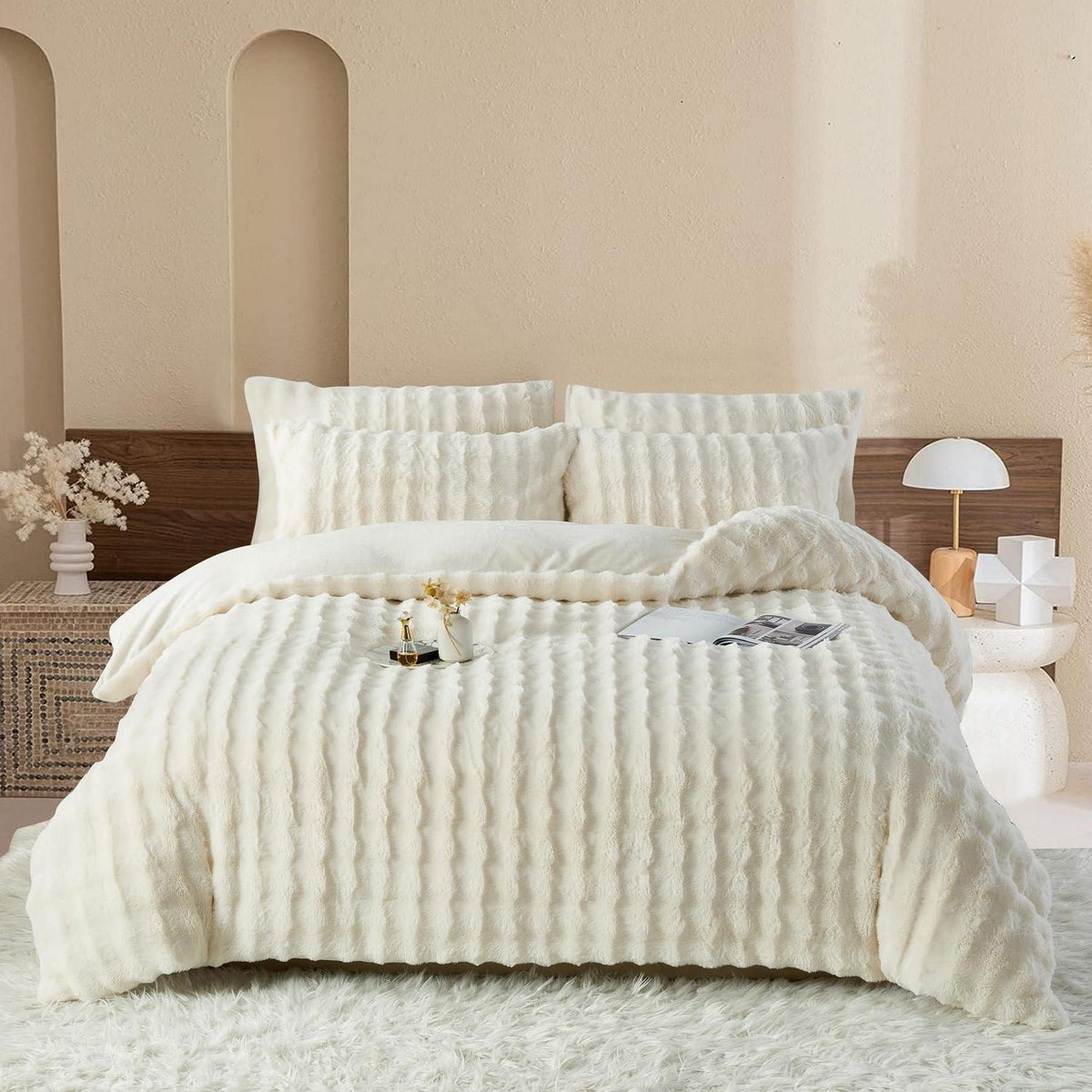 Plüsch Bettwäsche Set 155x220 Creme Weiß, Superweich & Warm