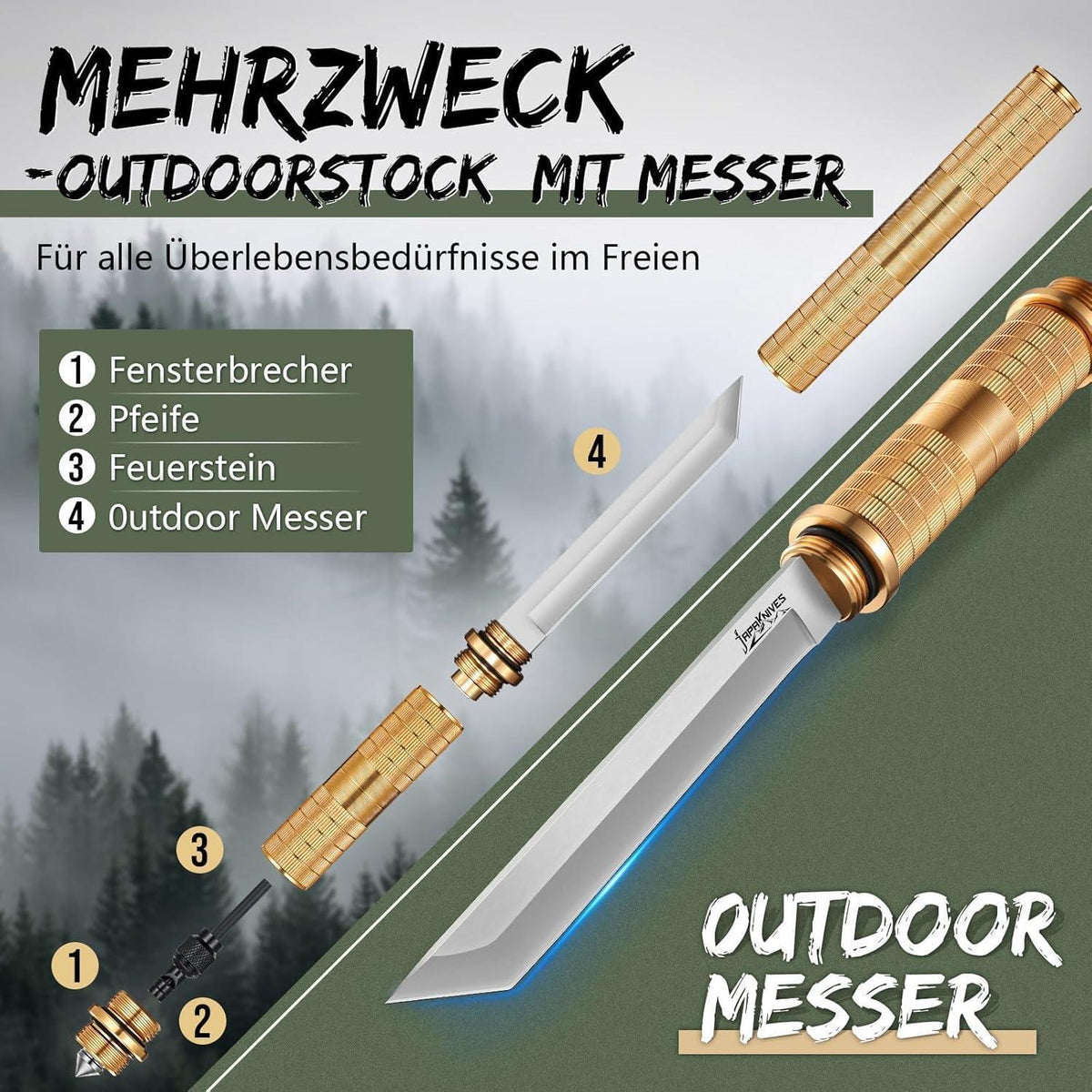 5-in-1 Survival Messer mit Tanto Klinge & Pfeife