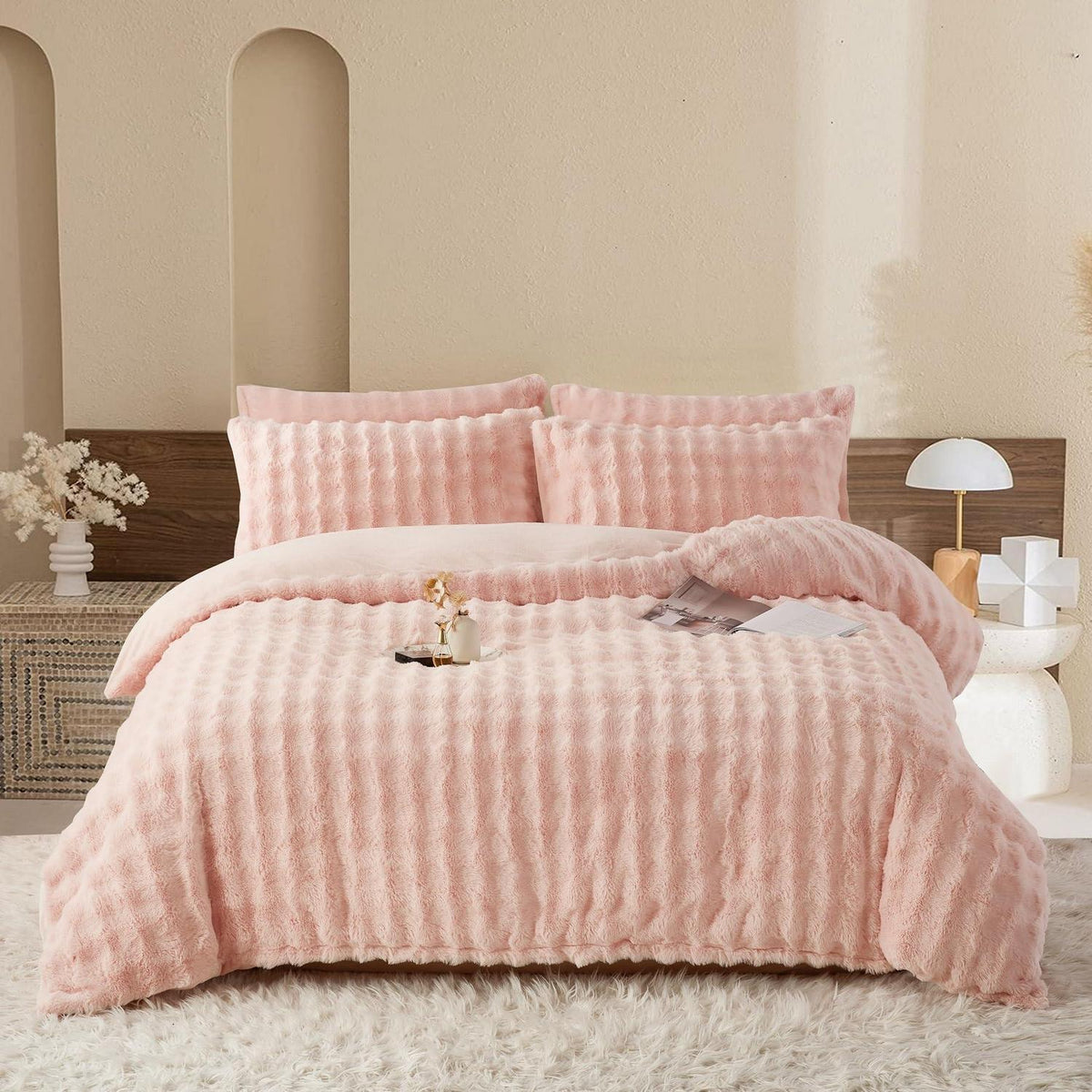 Plüsch Bettwäsche Set 220x240 Rosa - Winterwarm & Kuschelig