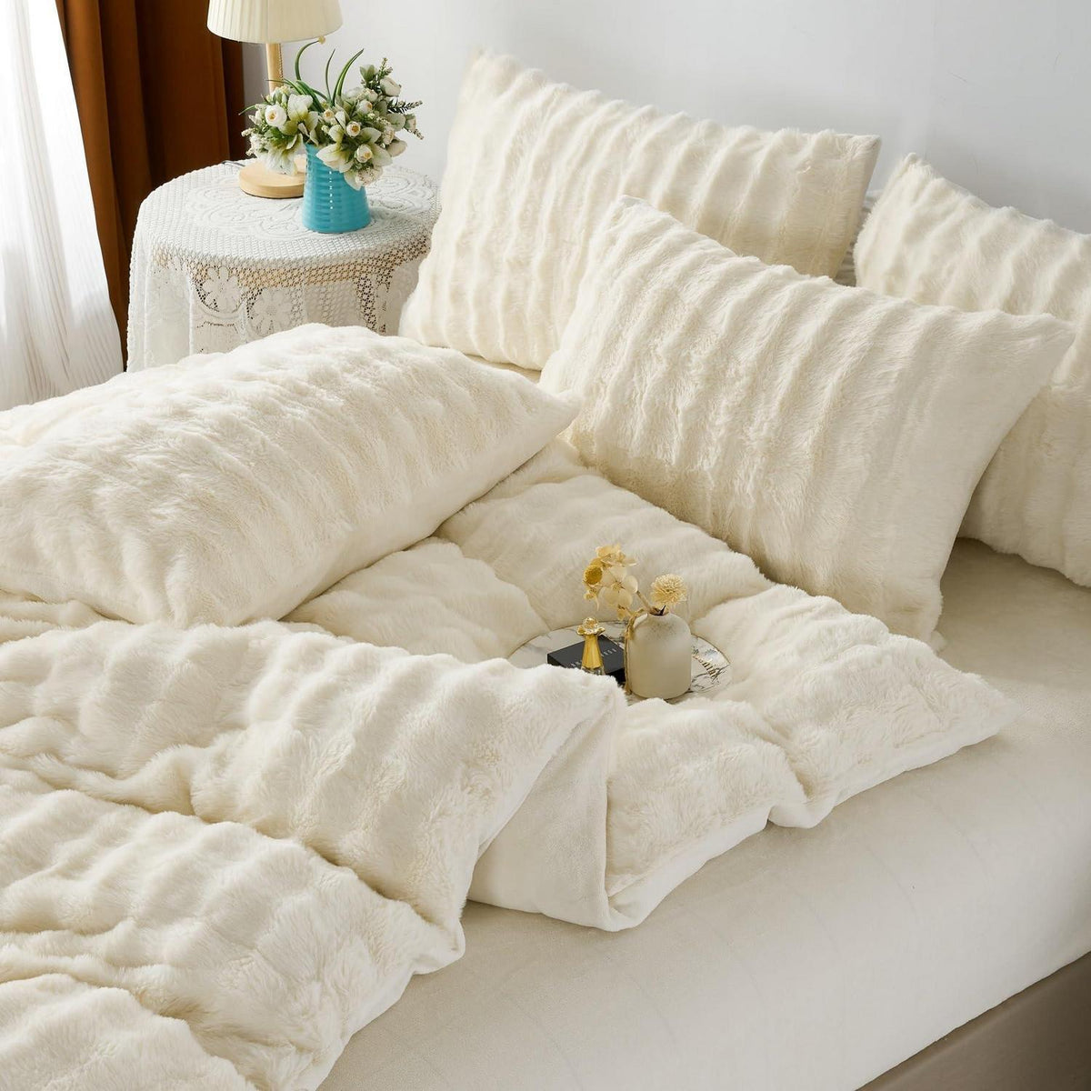 Plüsch Bettwäsche Set 220x240 - Warm & Flauschig Creme Weiß