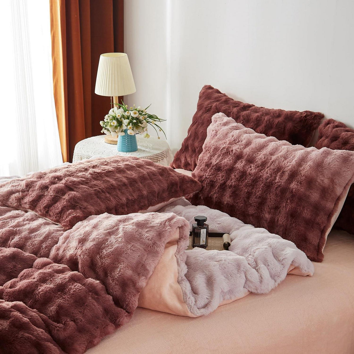 Plüsch Bettwäsche 220x240 Rosa Braun Winter Warm & Kuschelig
