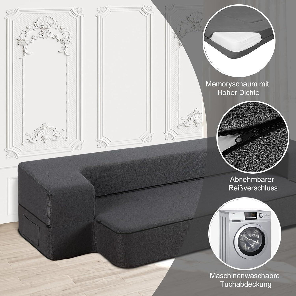 Modernes Klappsofa mit Memory-Schaum & Schlaffunktion – Dunkelgrau