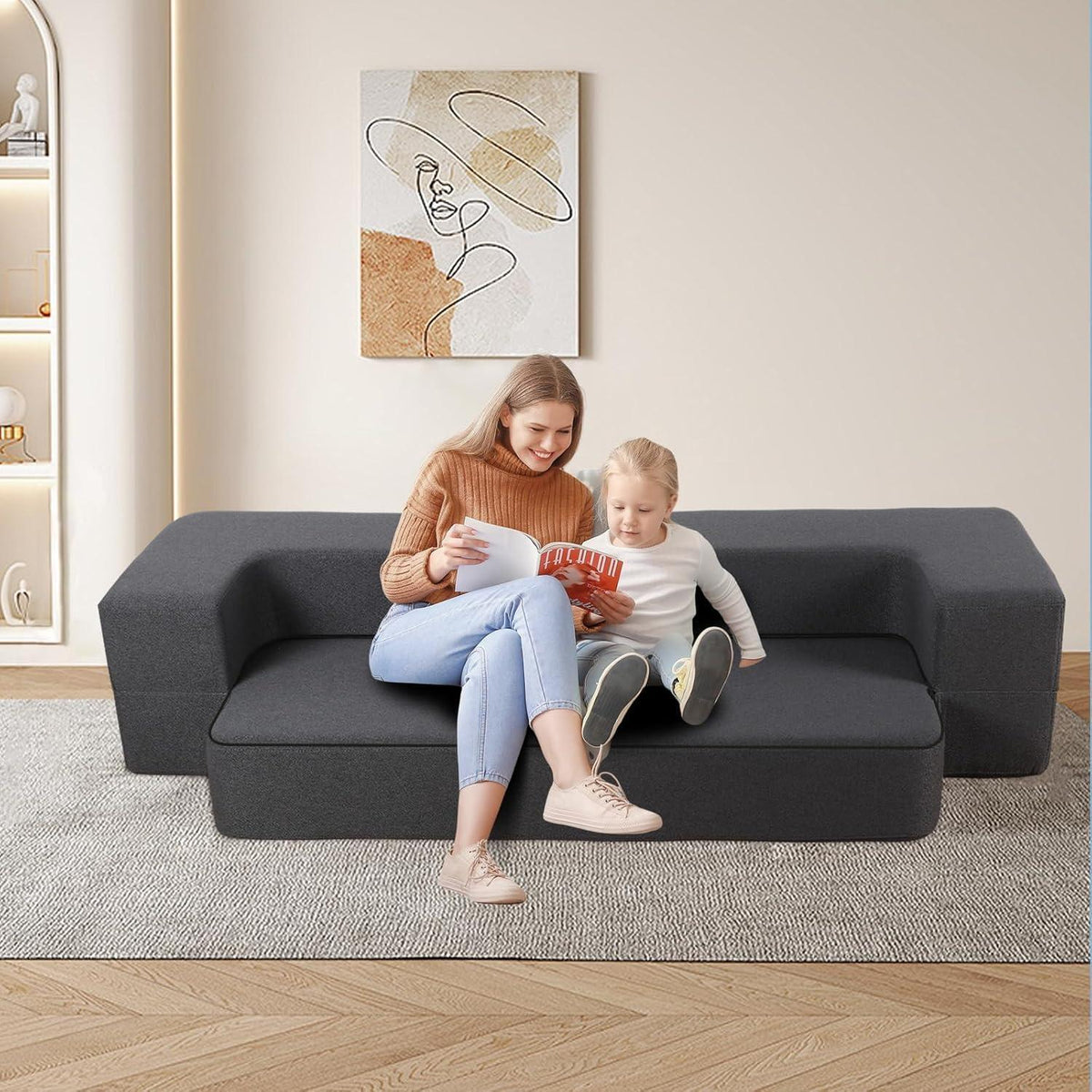 Modernes Klappsofa mit Memory-Schaum & Schlaffunktion – Dunkelgrau