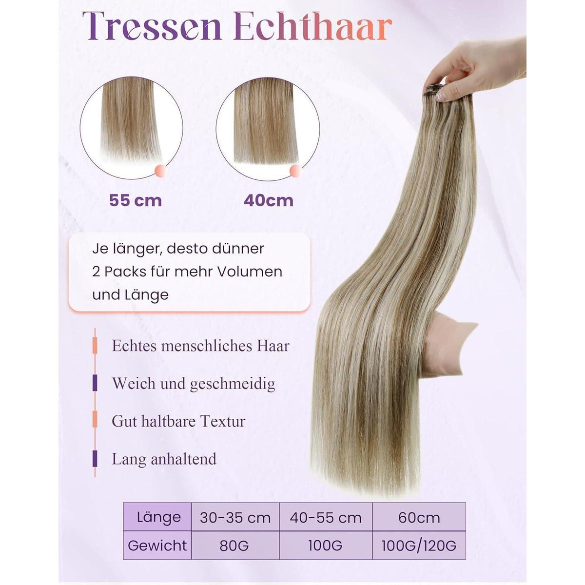 Echthaar Tressen Braun Blond Double Weft Haarverlängerung 55cm