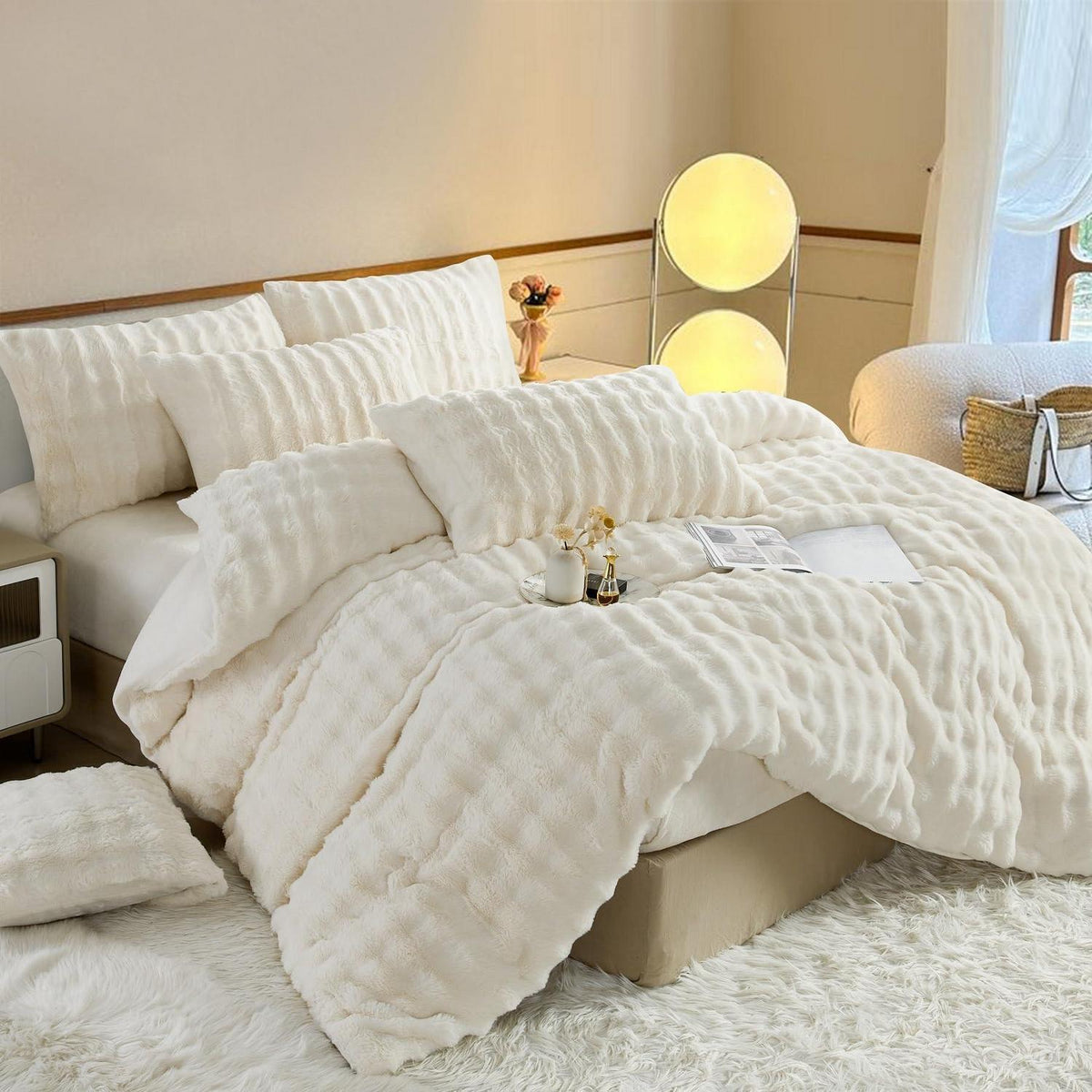 Plüsch Bettwäsche Set 200x200 Creme Weiß, Winterwarm & Kuschelig
