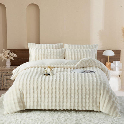 Plüsch Bettwäsche Set 200x200 Creme Weiß, Winterwarm & Kuschelig